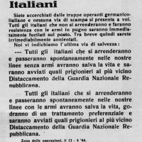 Volantino lanciato sull'Appennino forlivese nel corso del rastrellamento dell'aprile 1944 per invitare i partigiani alla resa